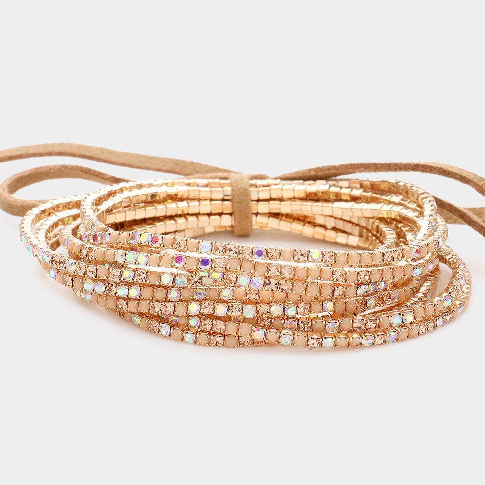 Gold 12PCS Ribbon Colorful Rhinestone Layered Stretch Bracelets - Jewelry Store by Erik Rayo