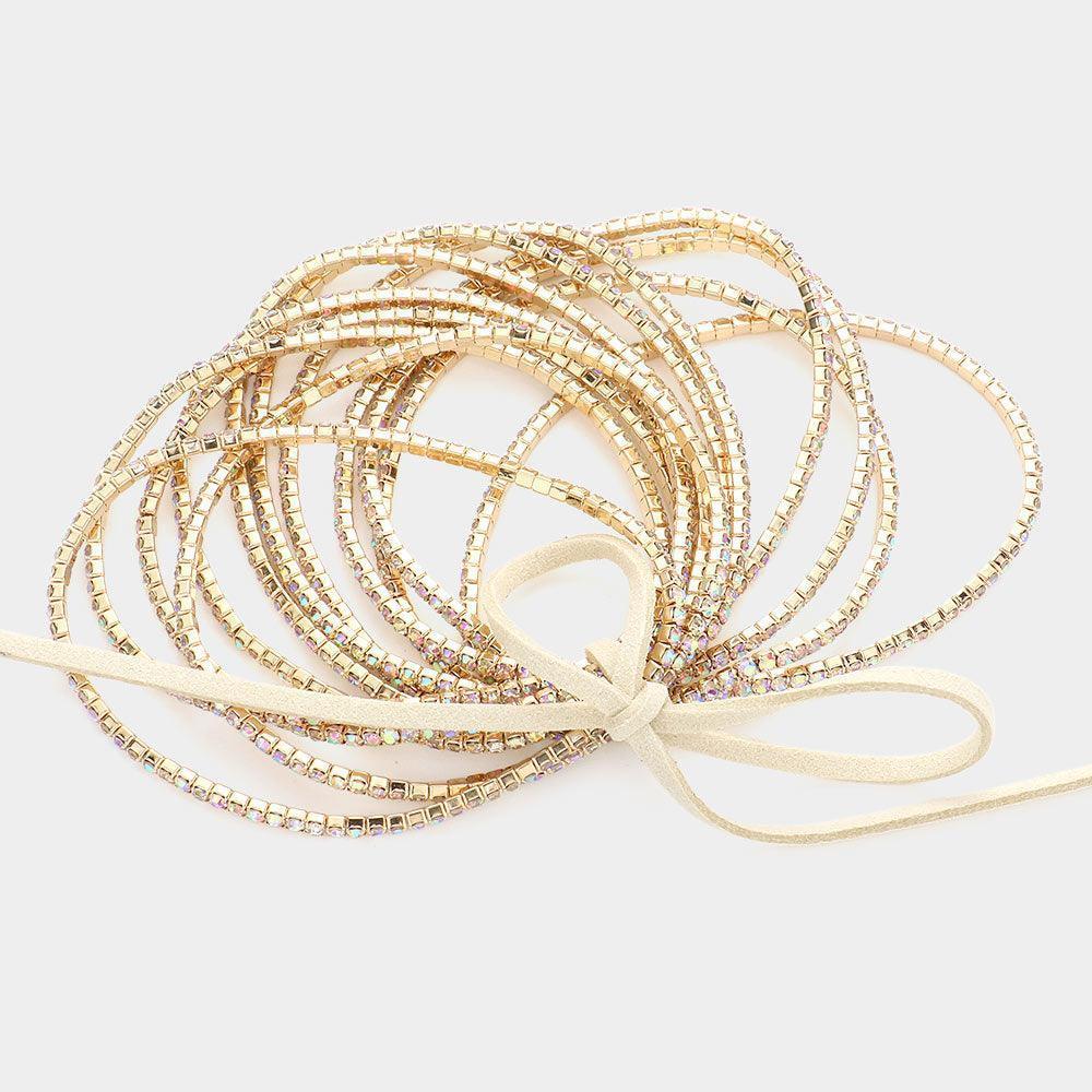 Gold 12PCS Ribbon Colorful Rhinestone Layered Stretch Bracelets - Jewelry Store by Erik Rayo