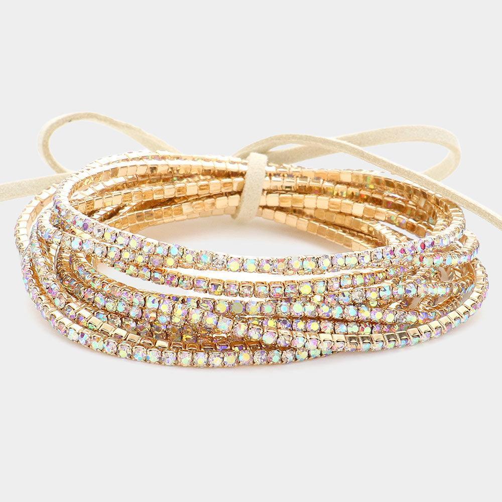Gold 12PCS Ribbon Colorful Rhinestone Layered Stretch Bracelets - Jewelry Store by Erik Rayo