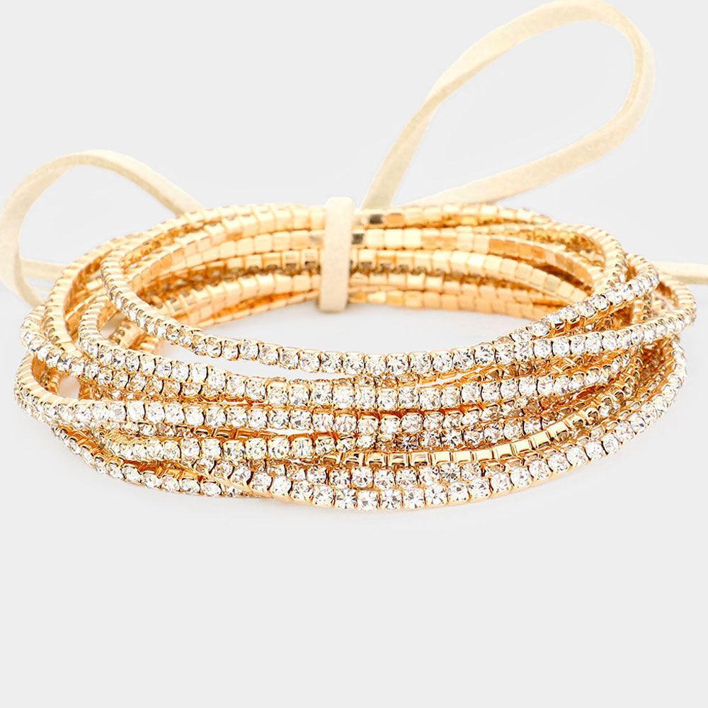 Gold 12PCS Ribbon Colorful Rhinestone Layered Stretch Bracelets - Jewelry Store by Erik Rayo