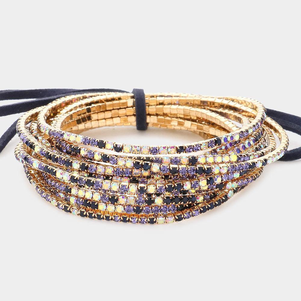 Lavender 12PCS - Ribbon Colorful Rhinestone Layered Stretch Bracelets - Jewelry Store by Erik Rayo