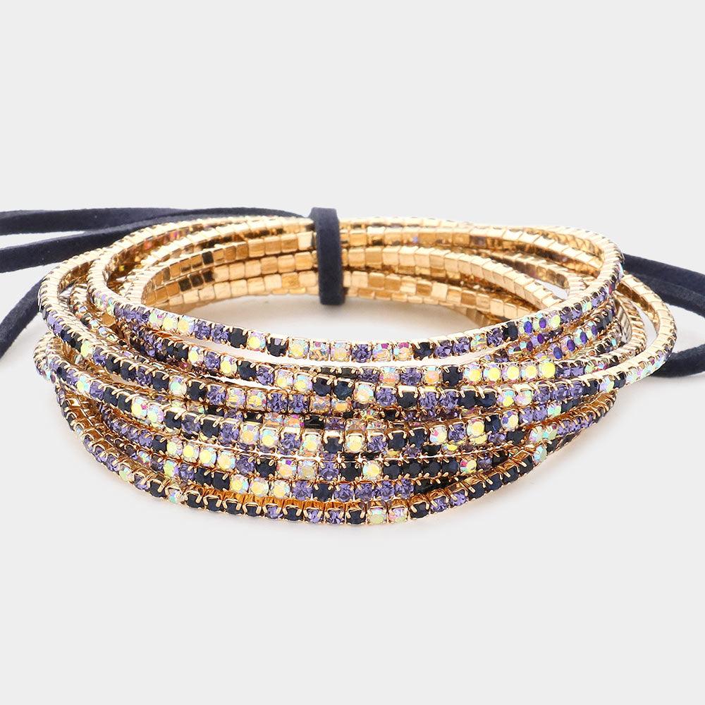 Lavender 12PCS - Ribbon Colorful Rhinestone Layered Stretch Bracelets