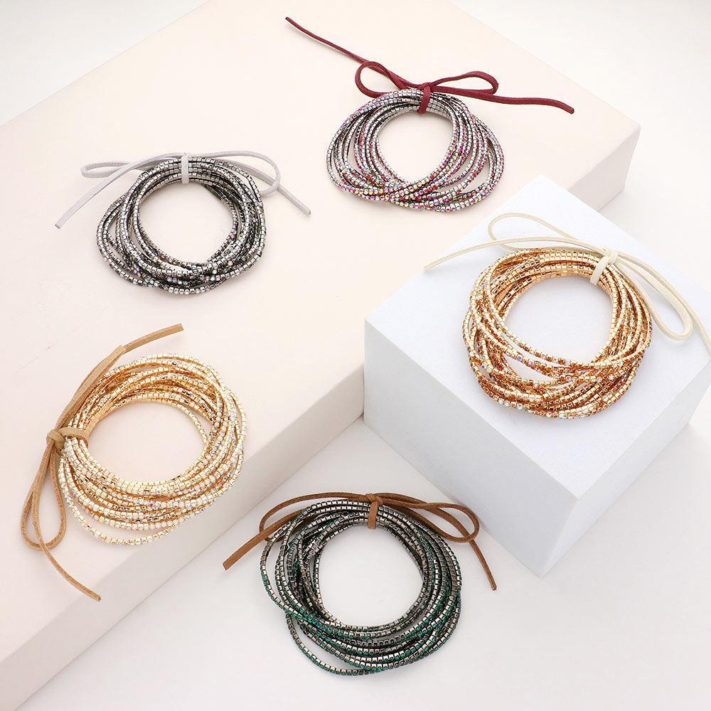 Blue 12PCS - Ribbon Colorful Rhinestone Layered Stretch Bracelets - Jewelry Store by Erik Rayo