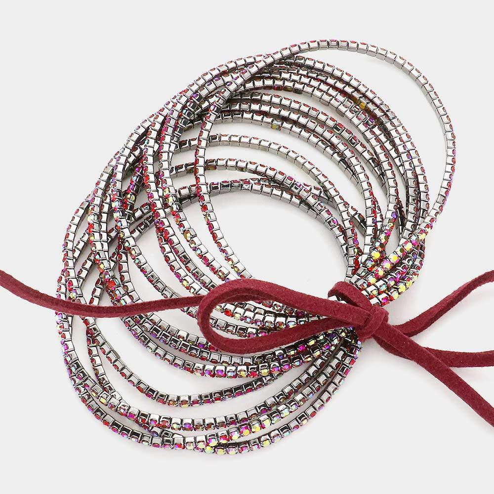 Red 12PCS - Ribbon Colorful Rhinestone Layered Stretch Bracelets - Jewelry Store by Erik Rayo
