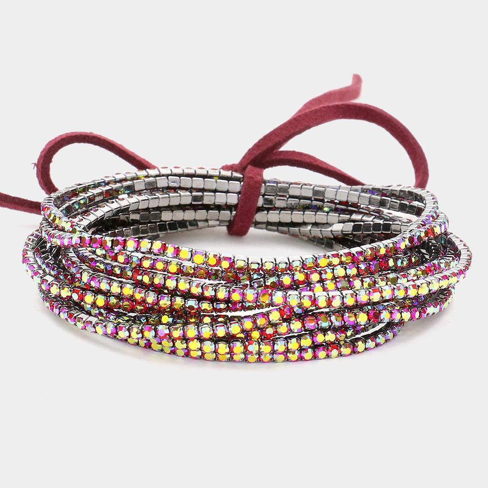 Red 12PCS - Ribbon Colorful Rhinestone Layered Stretch Bracelets - Jewelry Store by Erik Rayo