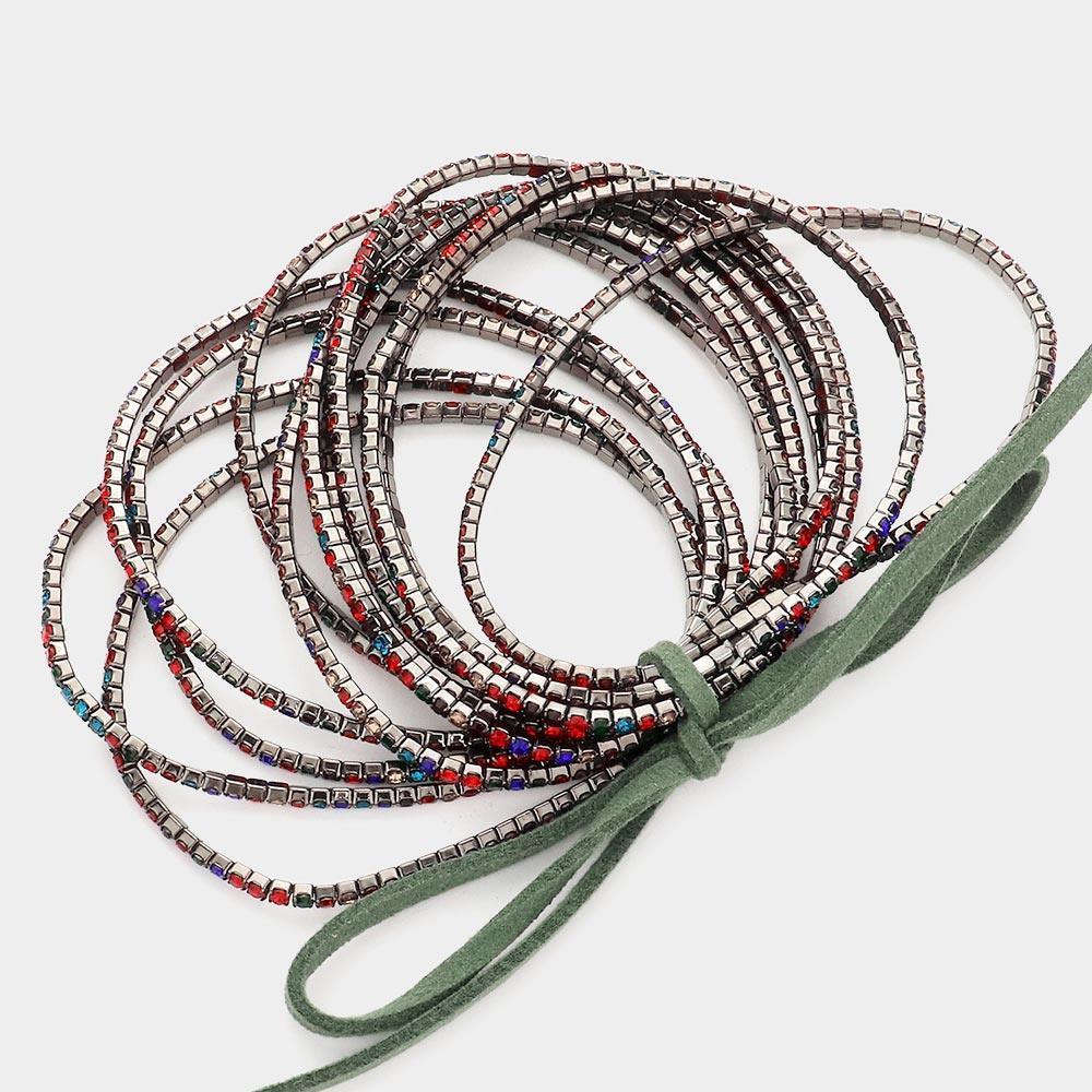 12PCS - Ribbon Colorful Rhinestone Layered Stretch Bracelets - Jewelry Store by Erik Rayo