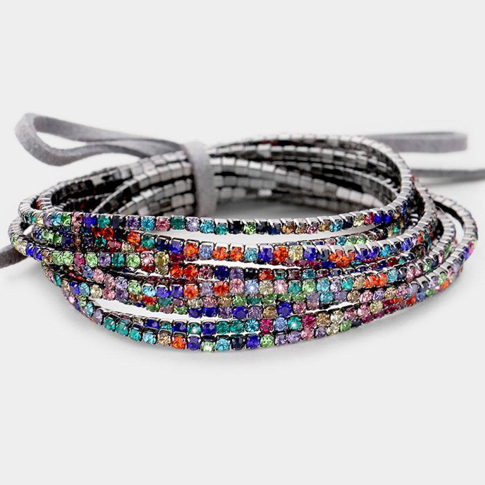 12PCS - Ribbon Colorful Rhinestone Layered Stretch Bracelets - Jewelry Store by Erik Rayo