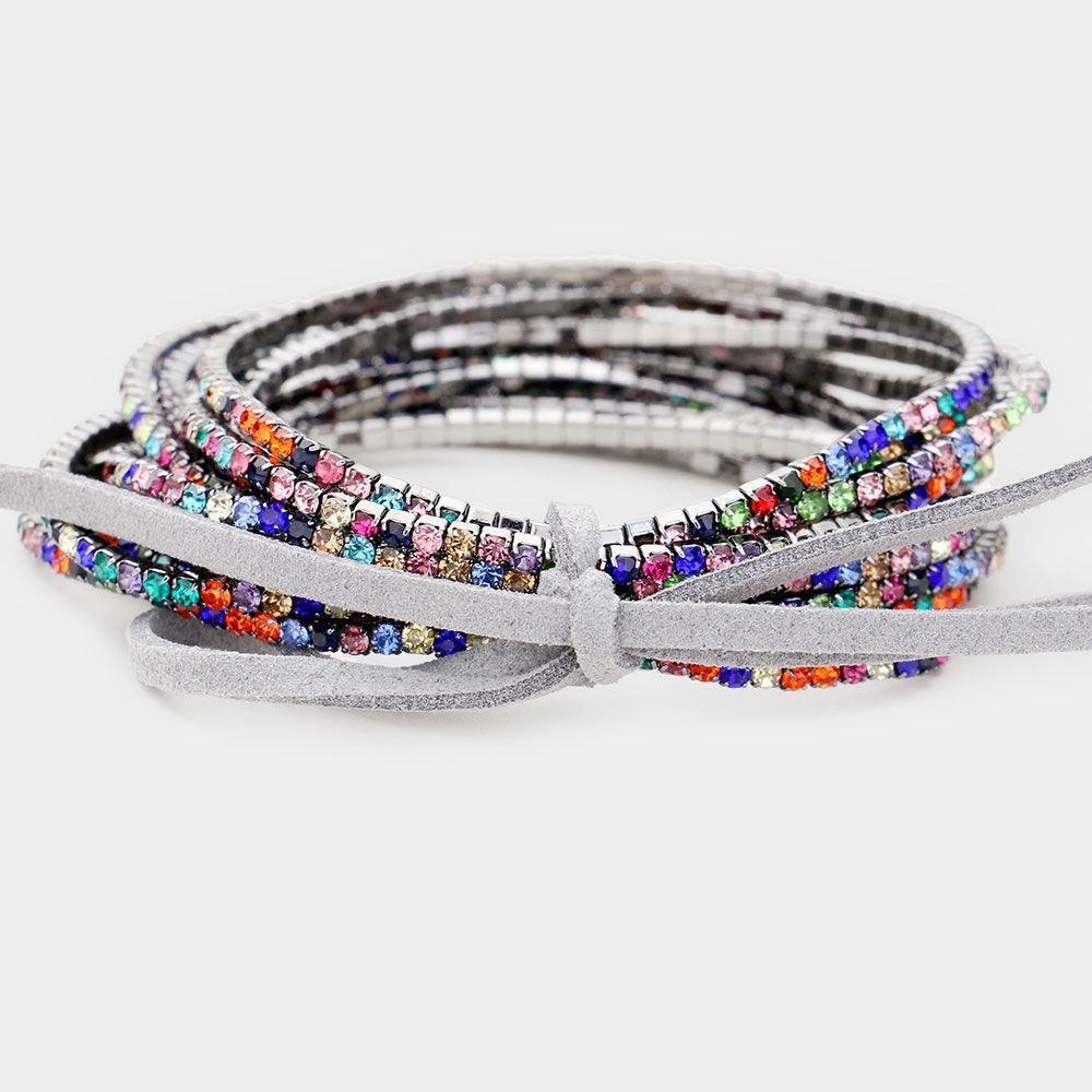 12PCS - Ribbon Colorful Rhinestone Layered Stretch Bracelets - Jewelry Store by Erik Rayo