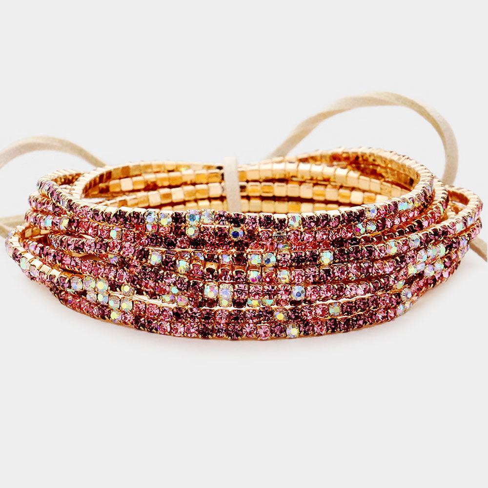12PCS - Ribbon Colorful Rhinestone Layered Stretch Bracelets