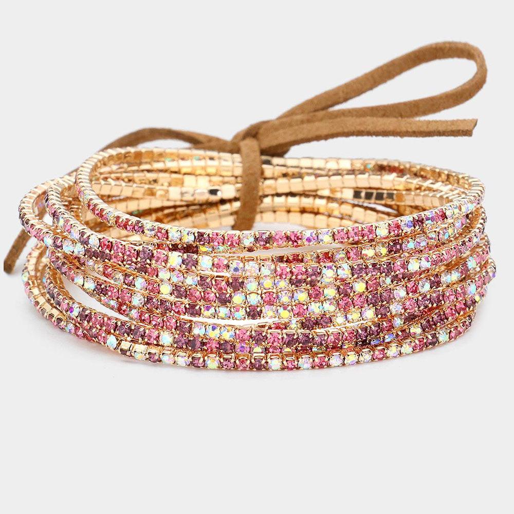 Pink 12PCS - Ribbon Colorful Rhinestone Layered Stretch Bracelets