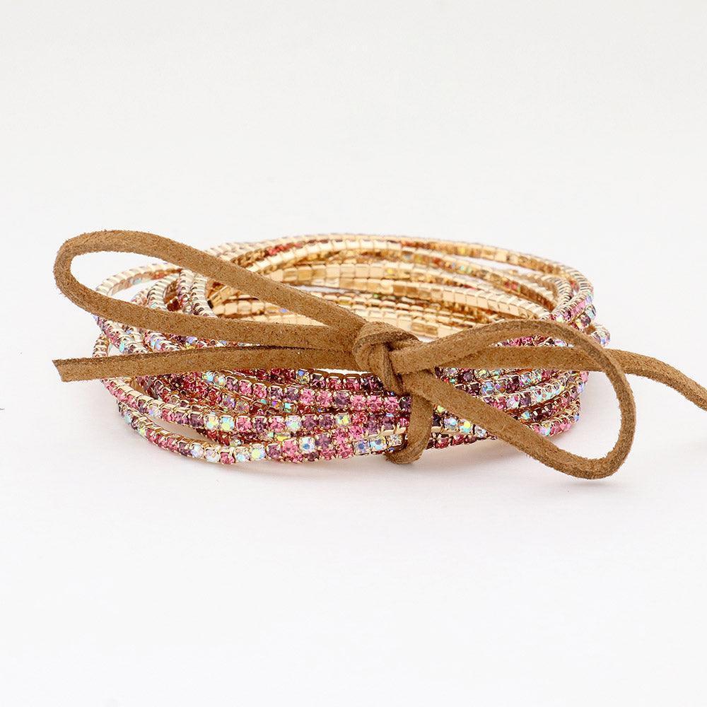 Pink 12PCS - Ribbon Colorful Rhinestone Layered Stretch Bracelets - Jewelry Store by Erik Rayo
