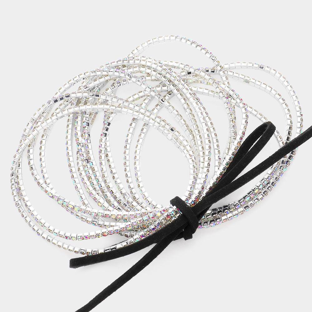 Silver 12PCS Ribbon Colorful Rhinestone Layered Stretch Bracelets - Jewelry Store by Erik Rayo