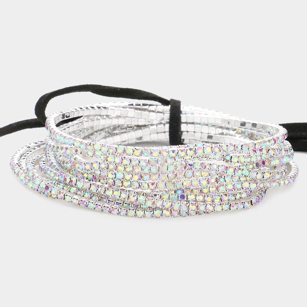Silver 12PCS Ribbon Colorful Rhinestone Layered Stretch Bracelets - Jewelry Store by Erik Rayo