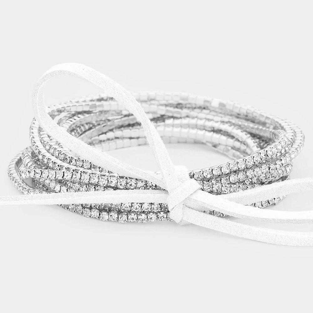 Silver 12PCS Ribbon Colorful Rhinestone Layered Stretch Bracelets - Jewelry Store by Erik Rayo