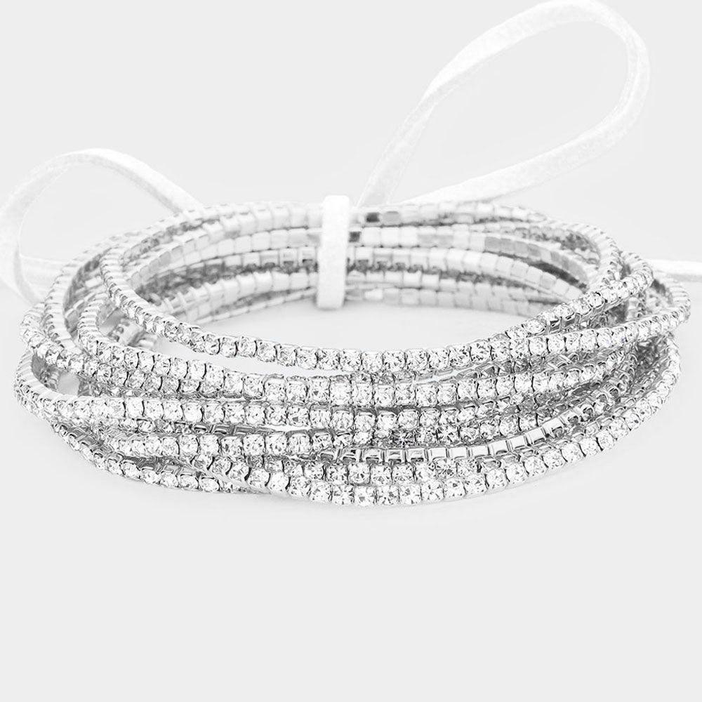 Silver 12PCS Ribbon Colorful Rhinestone Layered Stretch Bracelets - Jewelry Store by Erik Rayo