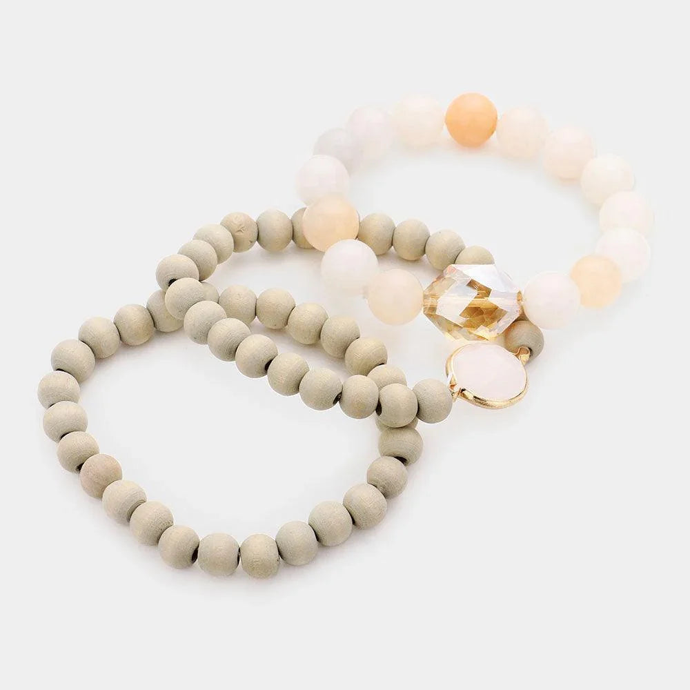 Gray 3PCS Semi Precious Wood Beaded Layered Bracelets - Jewelry Store by Erik Rayo