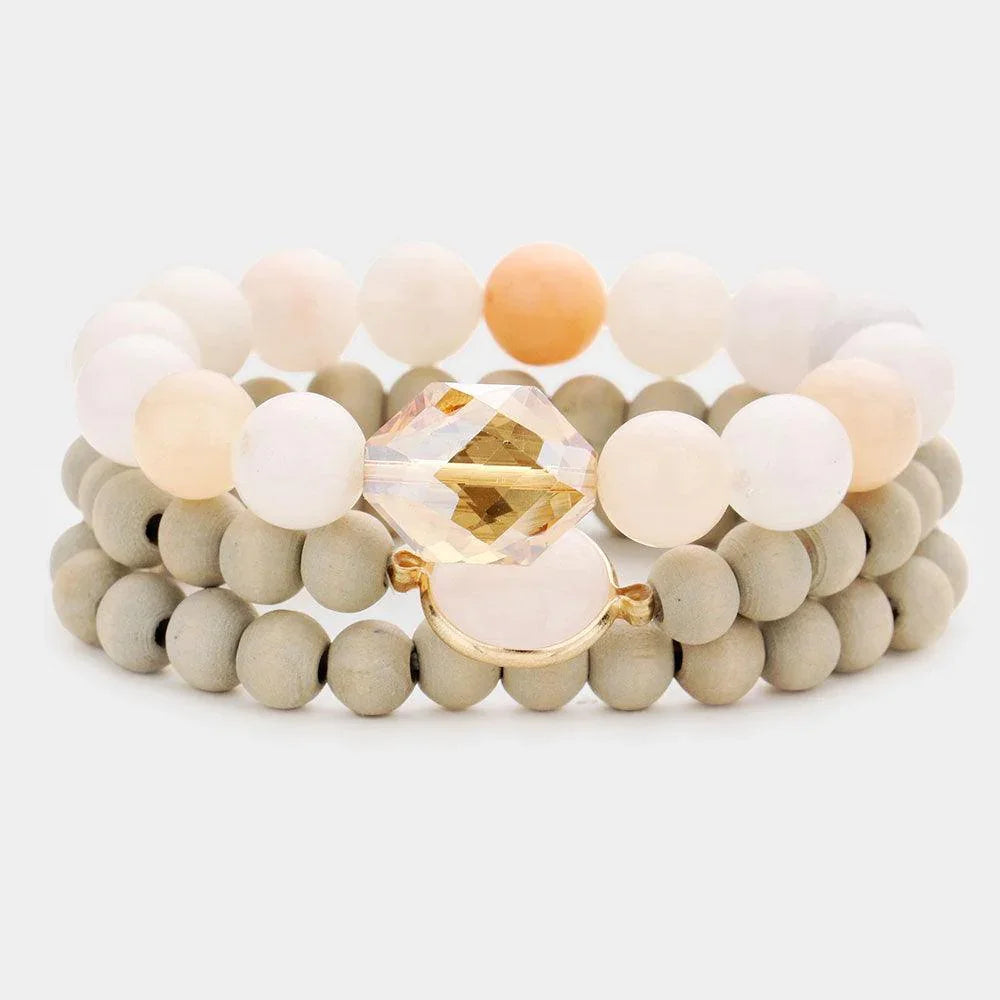 Gray 3PCS Semi Precious Wood Beaded Layered Bracelets - Jewelry Store by Erik Rayo