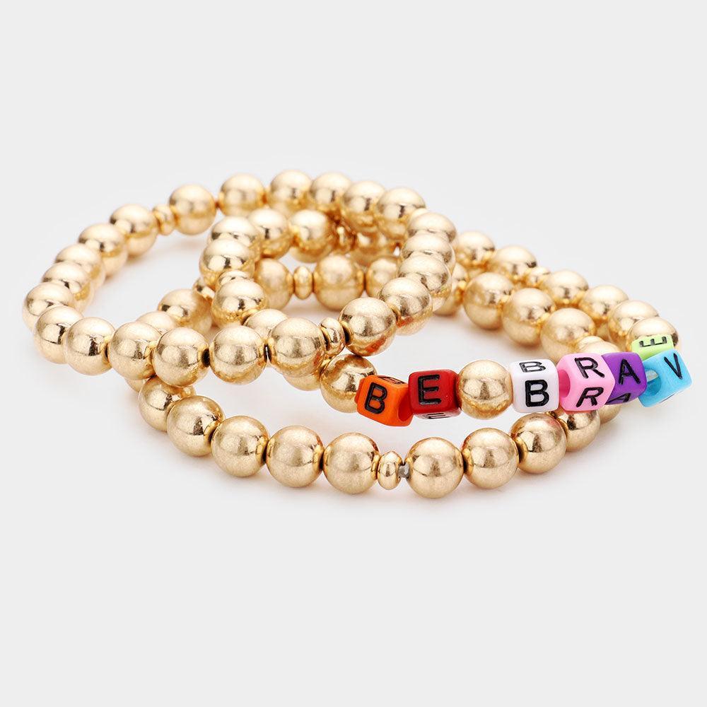 Gold 3PCS BE BRAVE Metal Ball Stretch Bracelets - Jewelry Store by Erik Rayo