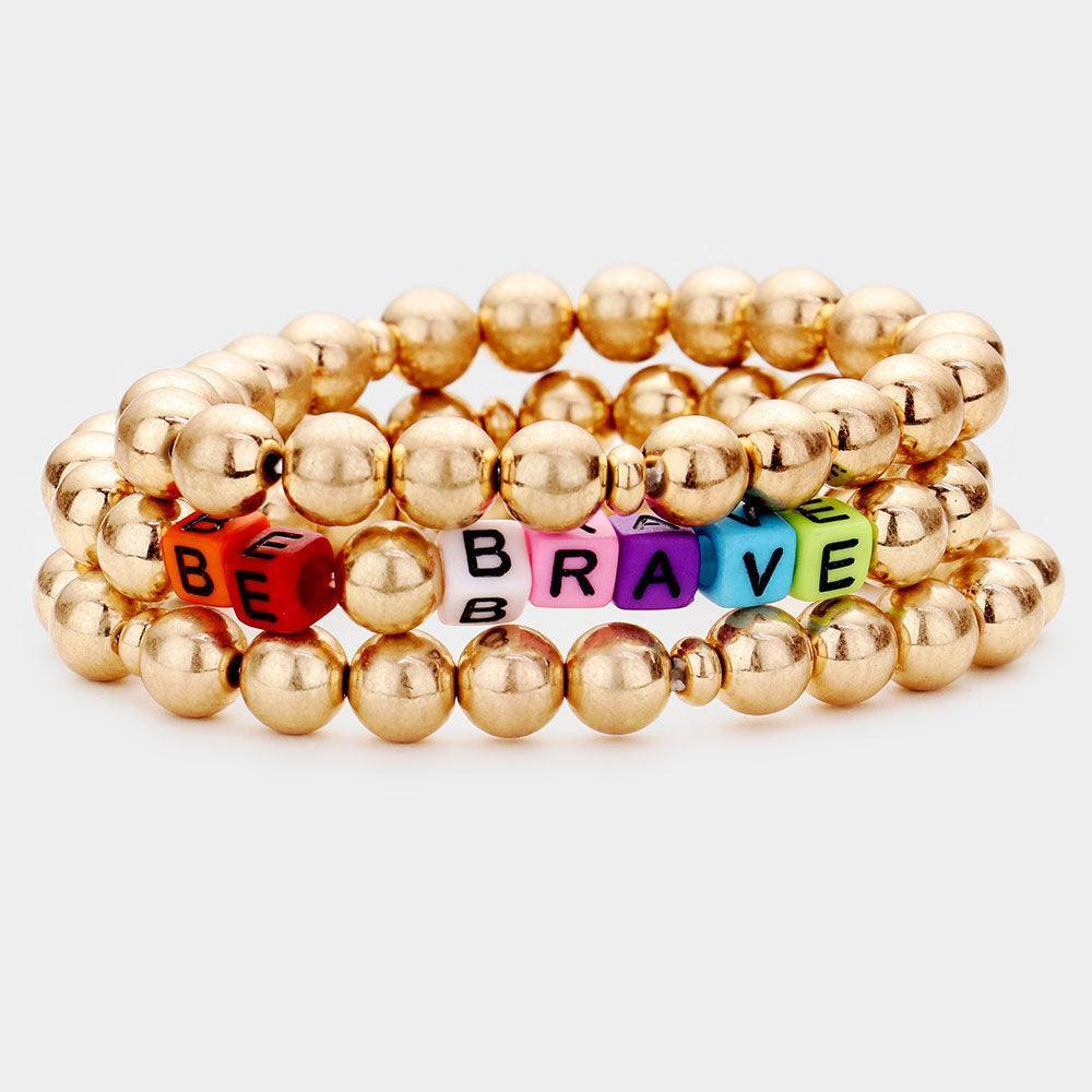Gold 3PCS BE BRAVE Metal Ball Stretch Bracelets - Jewelry Store by Erik Rayo
