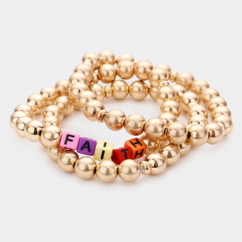 Gold 3PCS FAITH Metal Ball Stretch Bracelets - Jewelry Store by Erik Rayo