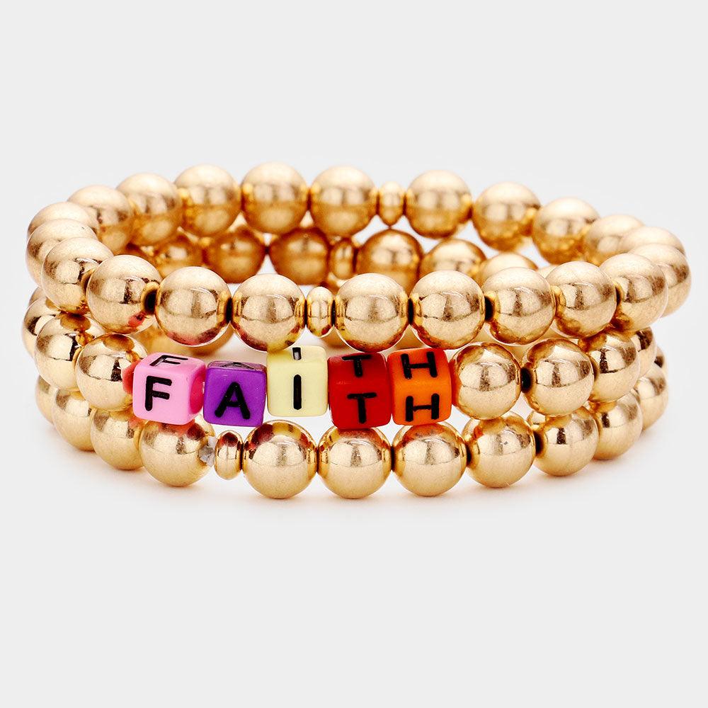 Gold 3PCS  FAITH Metal Ball Stretch Bracelets