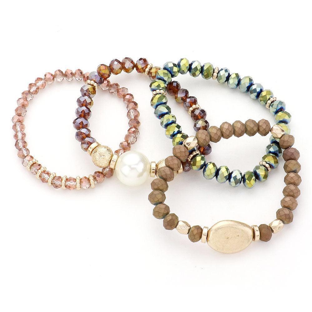 Brown 4PCS Pearl Accented Faceted Beaded Stretch Bracelets - Jewelry Store by Erik Rayo