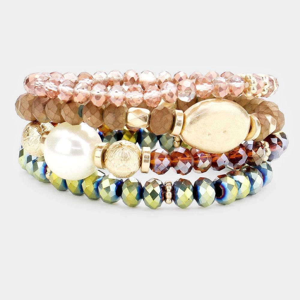 Brown 4PCS  Pearl Accented Faceted Beaded Stretch Bracelets