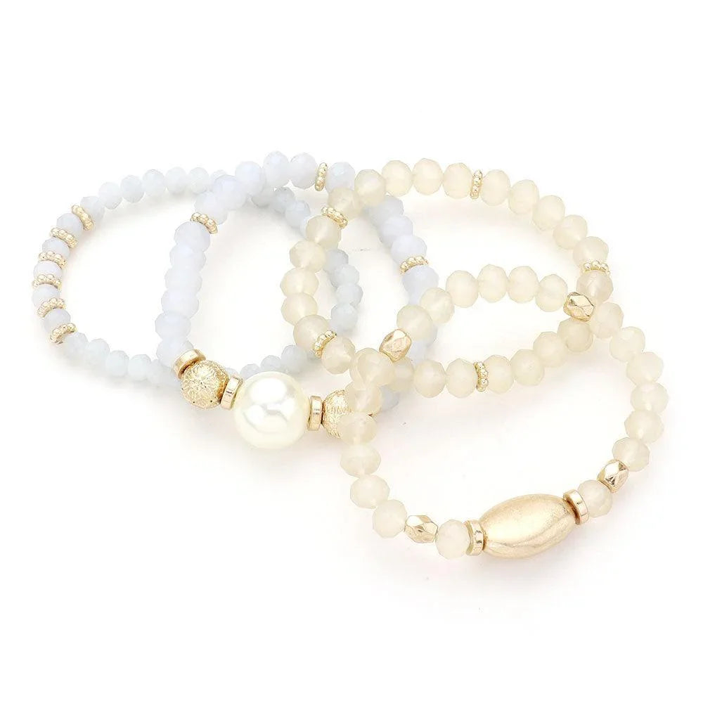 Cream 4PCS Pearl Accented Faceted Beaded Stretch Bracelets - Jewelry Store by Erik Rayo