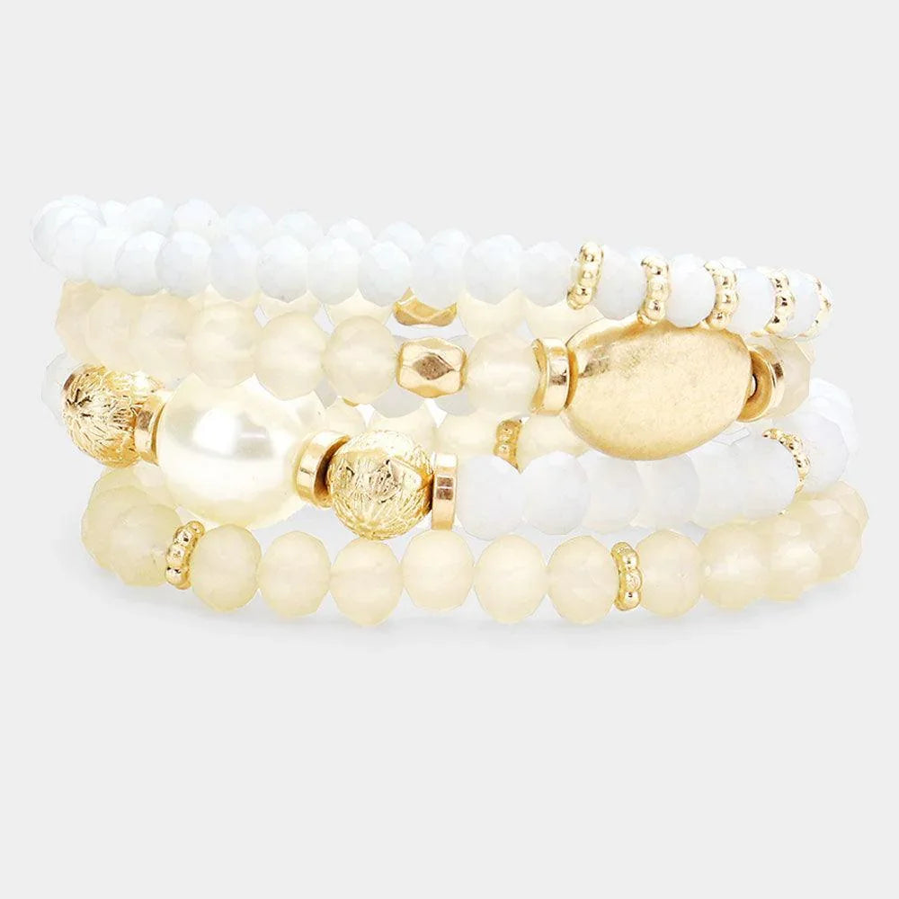 Cream 4PCS Pearl Accented Faceted Beaded Stretch Bracelets - Jewelry Store by Erik Rayo
