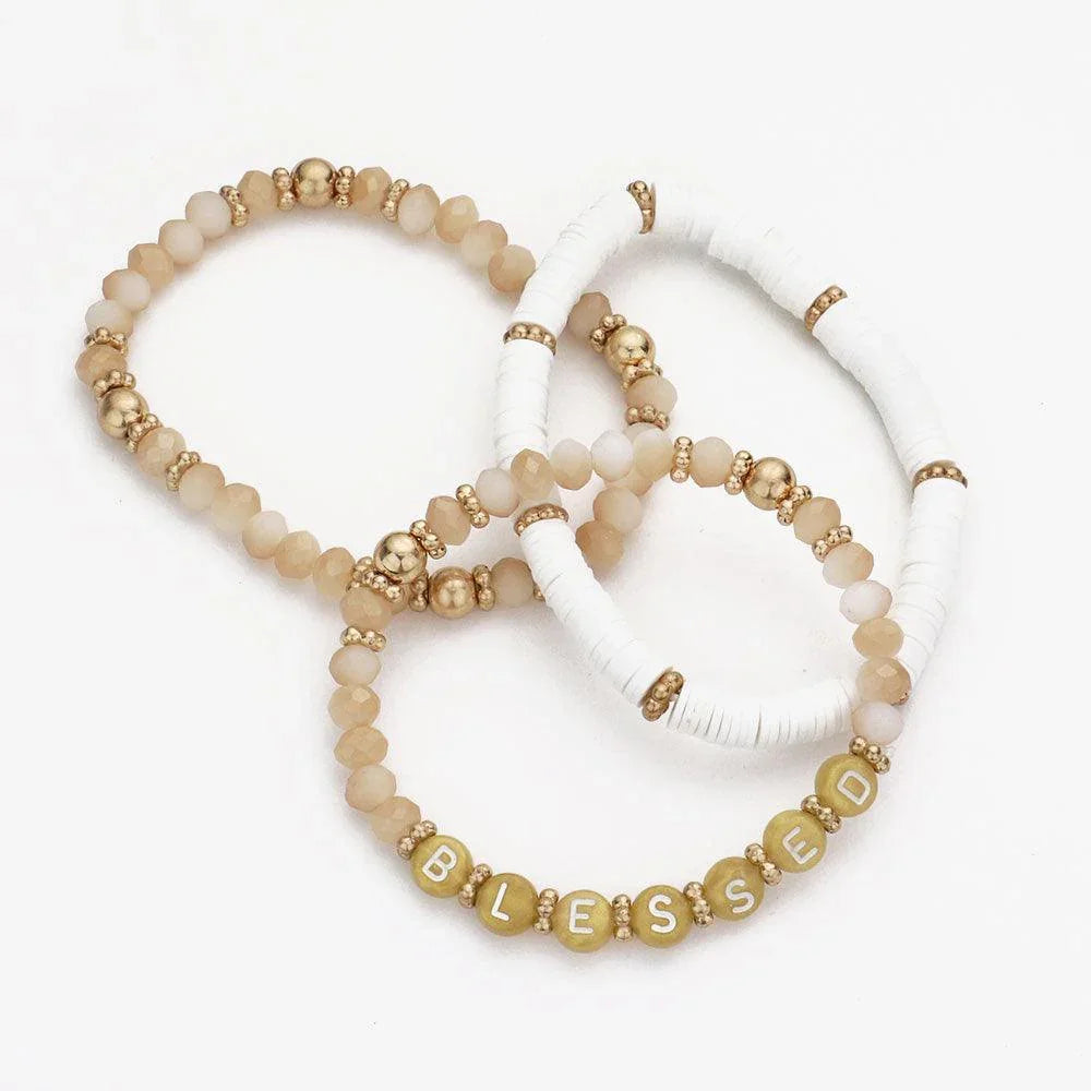 White 3PCS BLESSED Message Heishi Faceted Beaded Stretch Bracelets - Jewelry Store by Erik Rayo