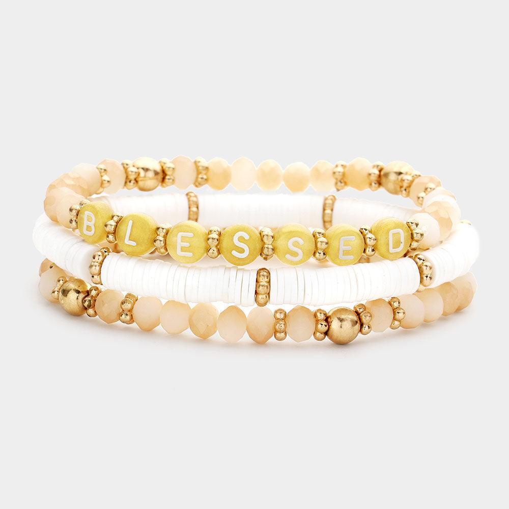 White 3PCS BLESSED Message Heishi Faceted Beaded Stretch Bracelets - Jewelry Store by Erik Rayo