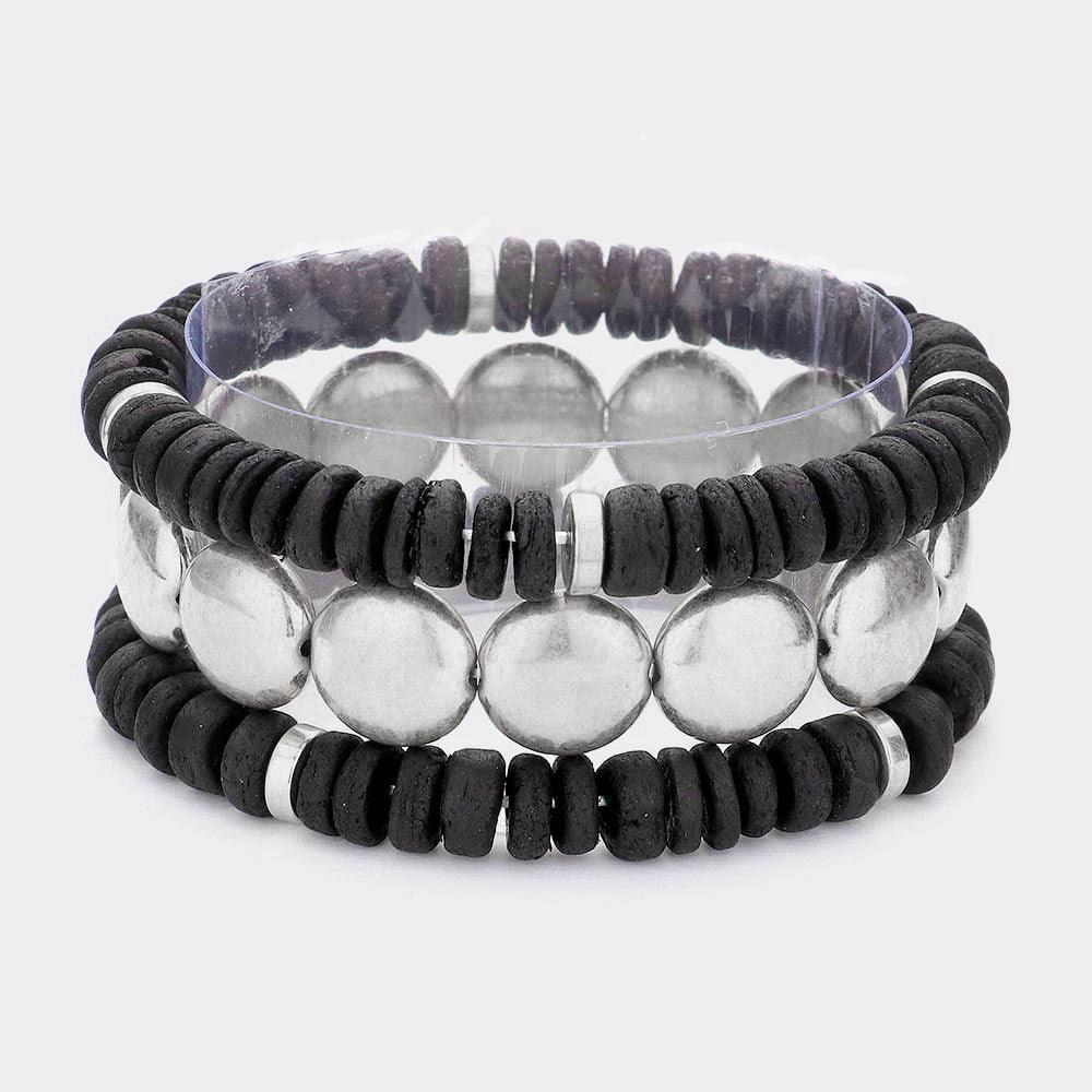 Silver 3PCS  Worn Disc Metal Beaded Accented Multi Layered Bracelets