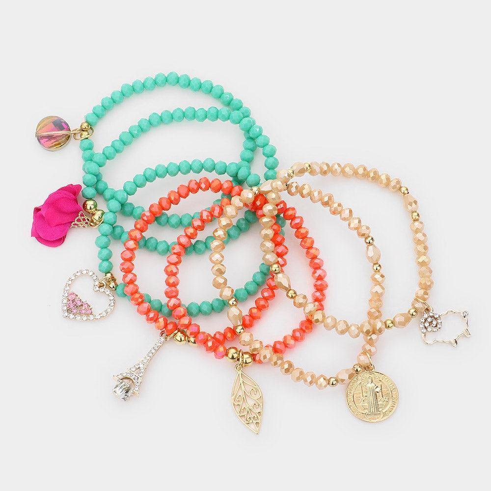 7pcs - Eiffel Tower Sheep Leaf Heart Fabric Flower Charm Faceted Beaded Stretch Bracelets - Jewelry Store by Erik Rayo