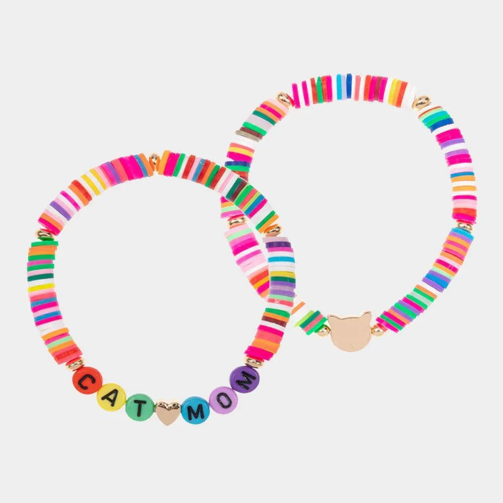 2PCS - CAT MOM Heishi Beaded Stretch Bracelets - Jewelry Store by Erik Rayo