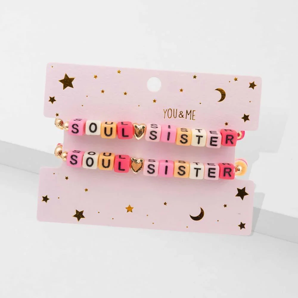 Pink 2PCS - SOUL SISTER Star Heart Heishi Beaded Stretch Bracelets - Jewelry Store by Erik Rayo