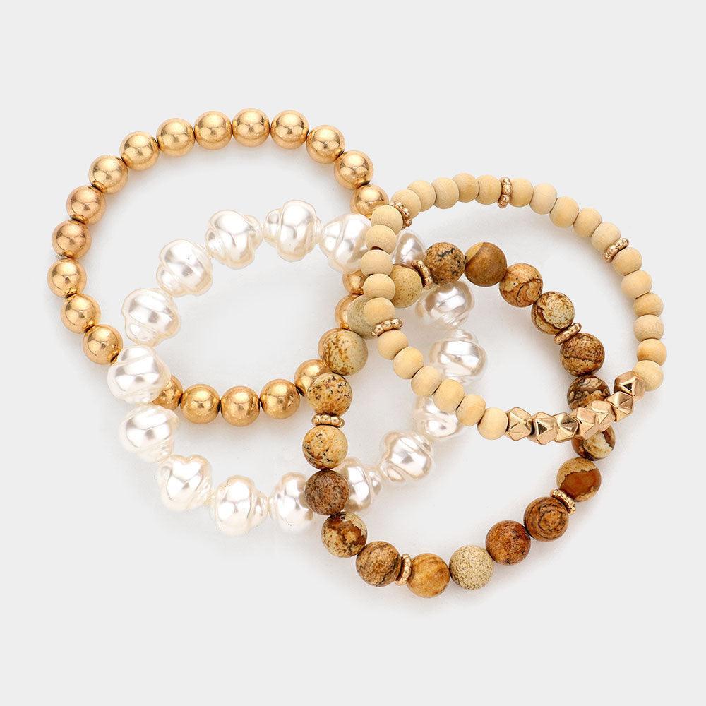 4PCS - Semi Precious Pearl Wood Beaded Stretch Bracelets - Jewelry Store by Erik Rayo