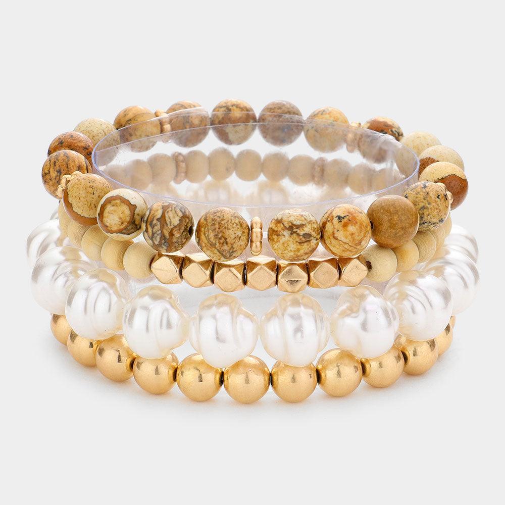 4PCS - Semi Precious Pearl Wood Beaded Stretch Bracelets - Jewelry Store by Erik Rayo