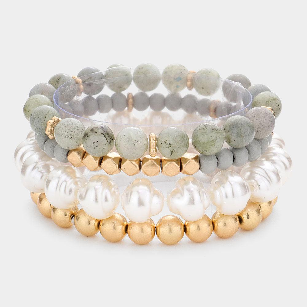 Gray 4PCS - Semi Precious Pearl Wood Beaded Stretch Bracelets