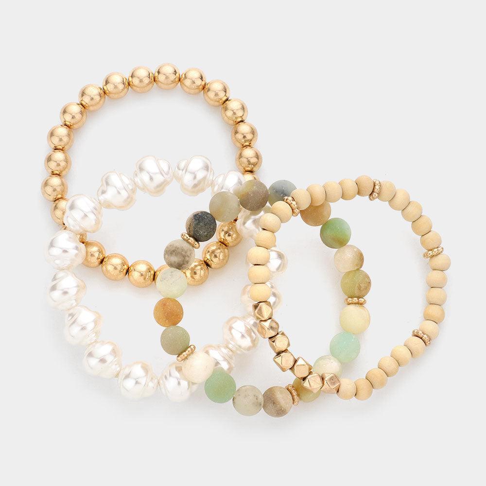 4PCS - Semi Precious Pearl Wood Beaded Stretch Bracelets - Jewelry Store by Erik Rayo