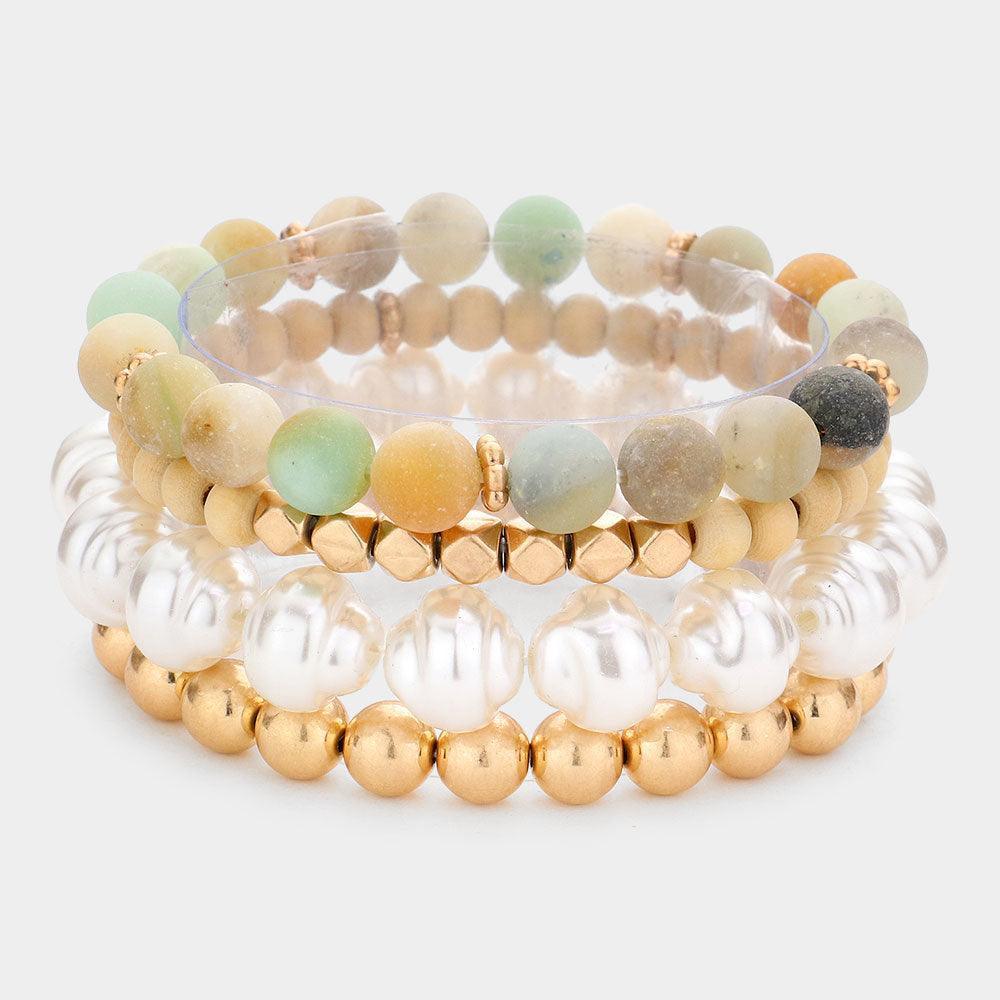 4PCS - Semi Precious Pearl Wood Beaded Stretch Bracelets - Jewelry Store by Erik Rayo