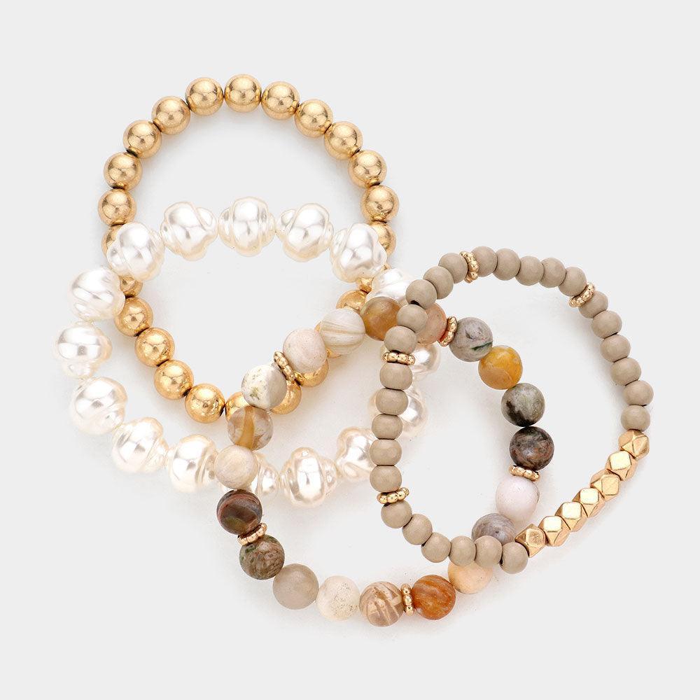 4PCS - Semi Precious Pearl Wood Beaded Stretch Bracelets - Jewelry Store by Erik Rayo