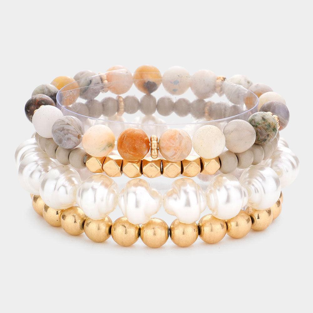 4PCS - Semi Precious Pearl Wood Beaded Stretch Bracelets - Jewelry Store by Erik Rayo
