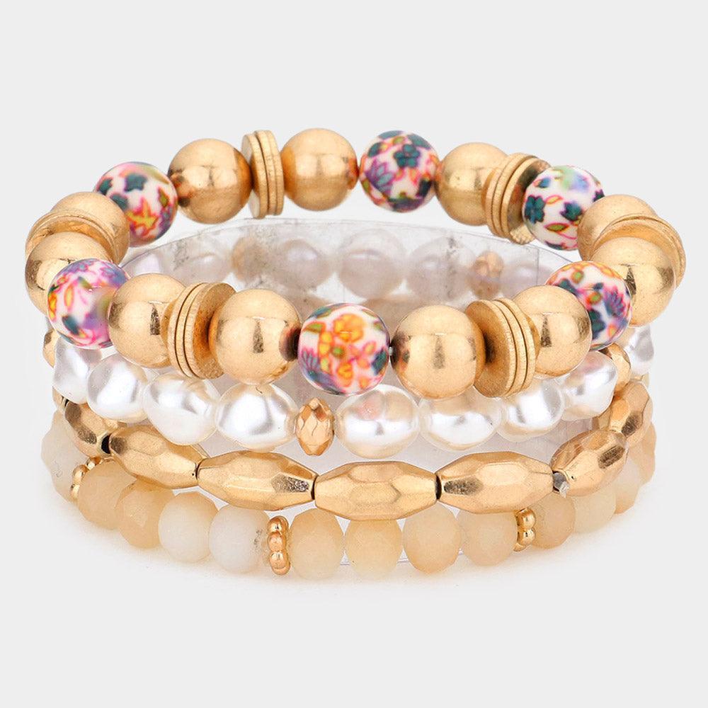 4PCS - Printed Ball Pearl Faceted Beaded Stretch Bracelets - Jewelry Store by Erik Rayo
