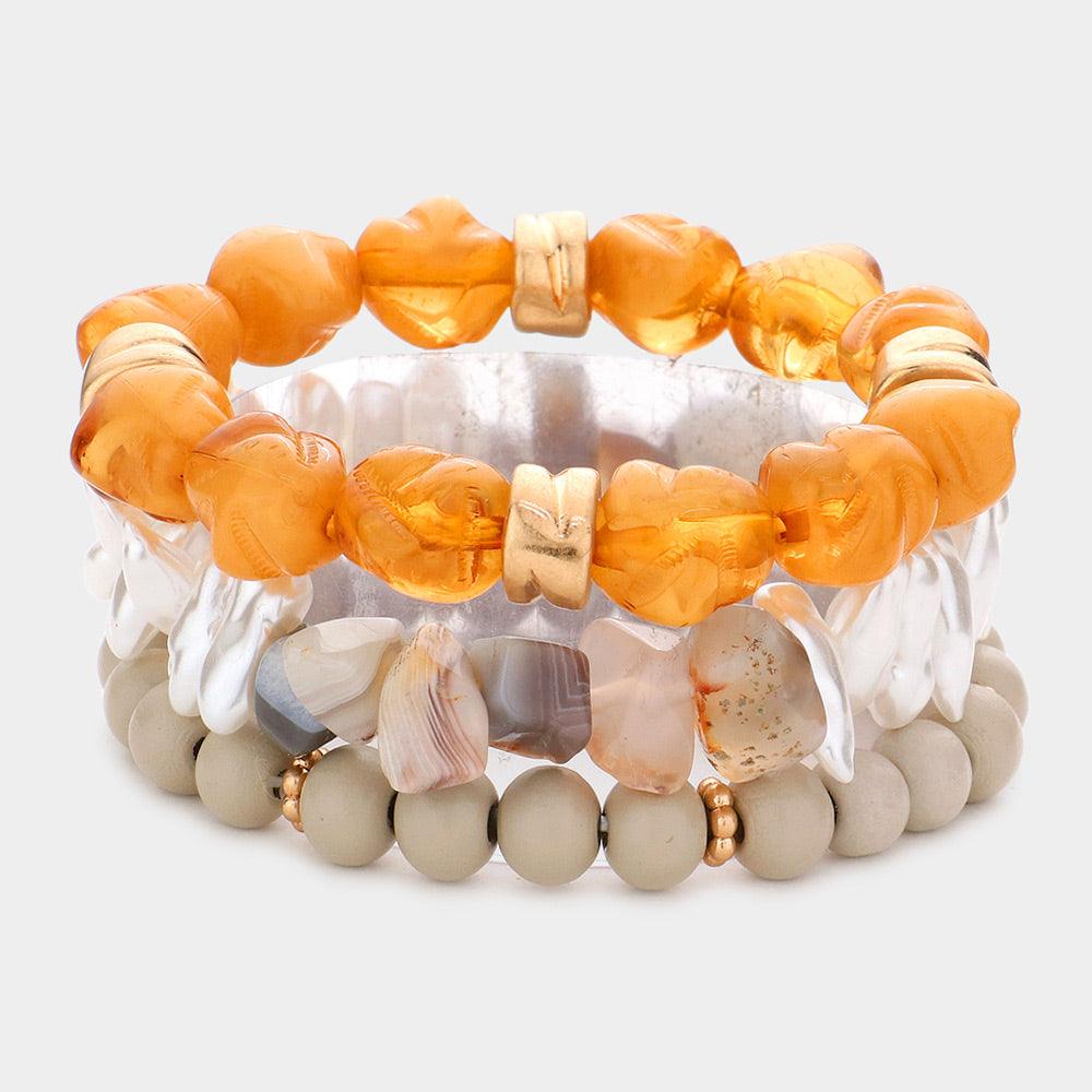 Beige 3PCS - Natural Stone Pearl Wood Beaded Stretch Bracelets