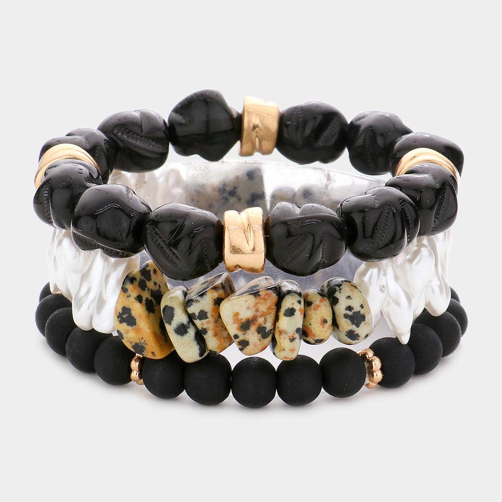 Black 3PCS  Natural Stone Pearl Wood Beaded Stretch Bracelets