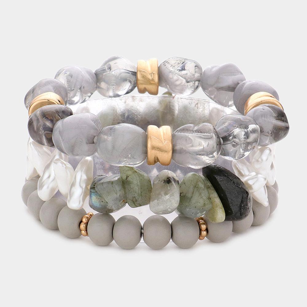 Gray 3PCS - Natural Stone Pearl Wood Beaded Stretch Bracelets