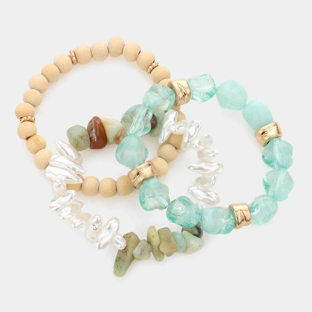 3PCS - Natural Stone Pearl Wood Beaded Stretch Bracelets - Jewelry Store by Erik Rayo