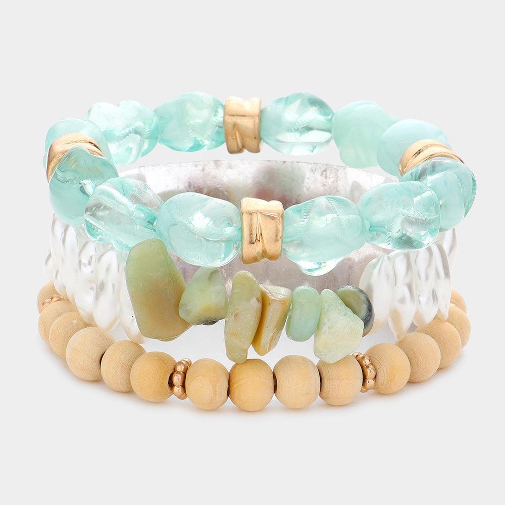 3PCS - Natural Stone Pearl Wood Beaded Stretch Bracelets - Jewelry Store by Erik Rayo