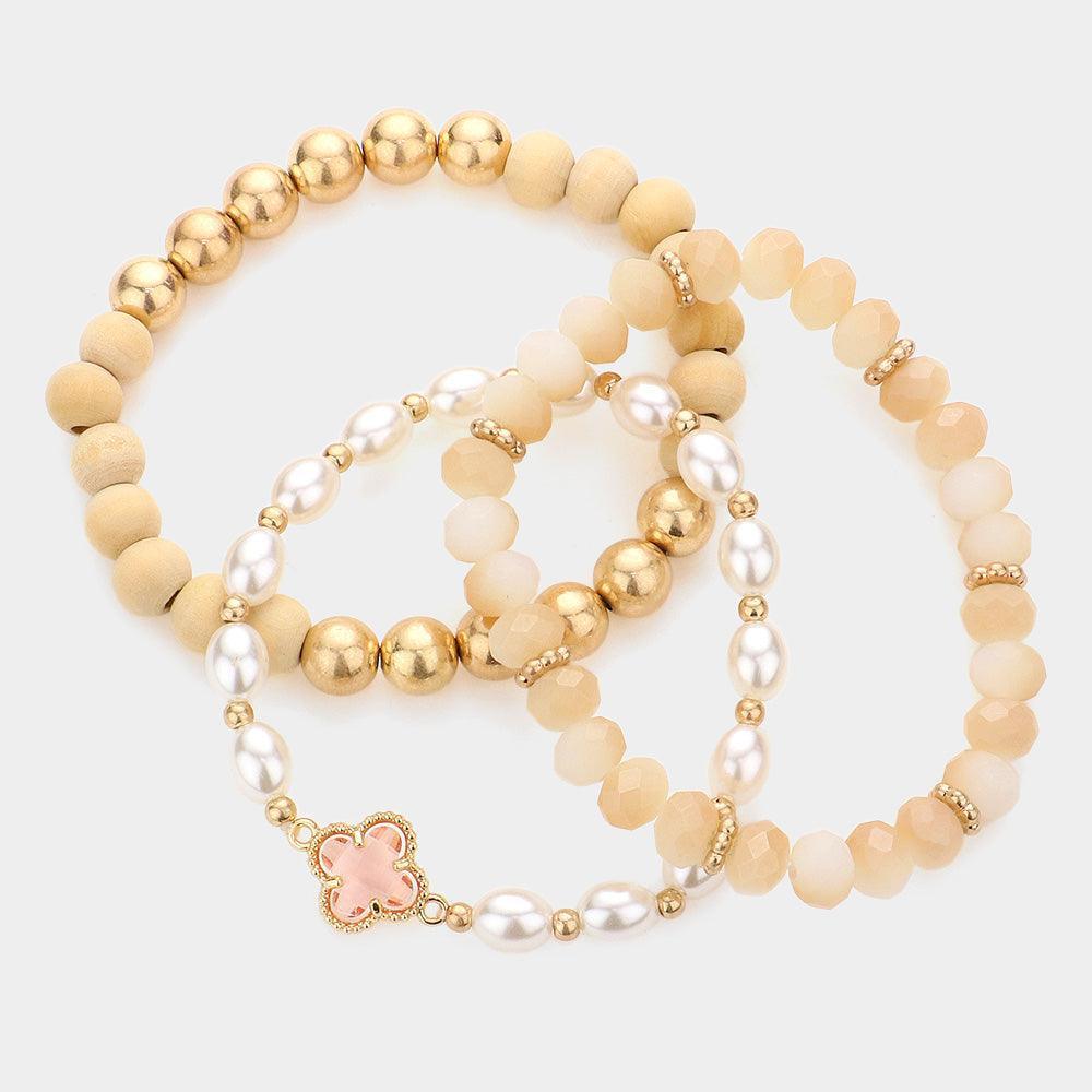 3PCS - Quatrefoil Pointed Pearl Wood Faceted Beaded Stretch Bracelets - Jewelry Store by Erik Rayo