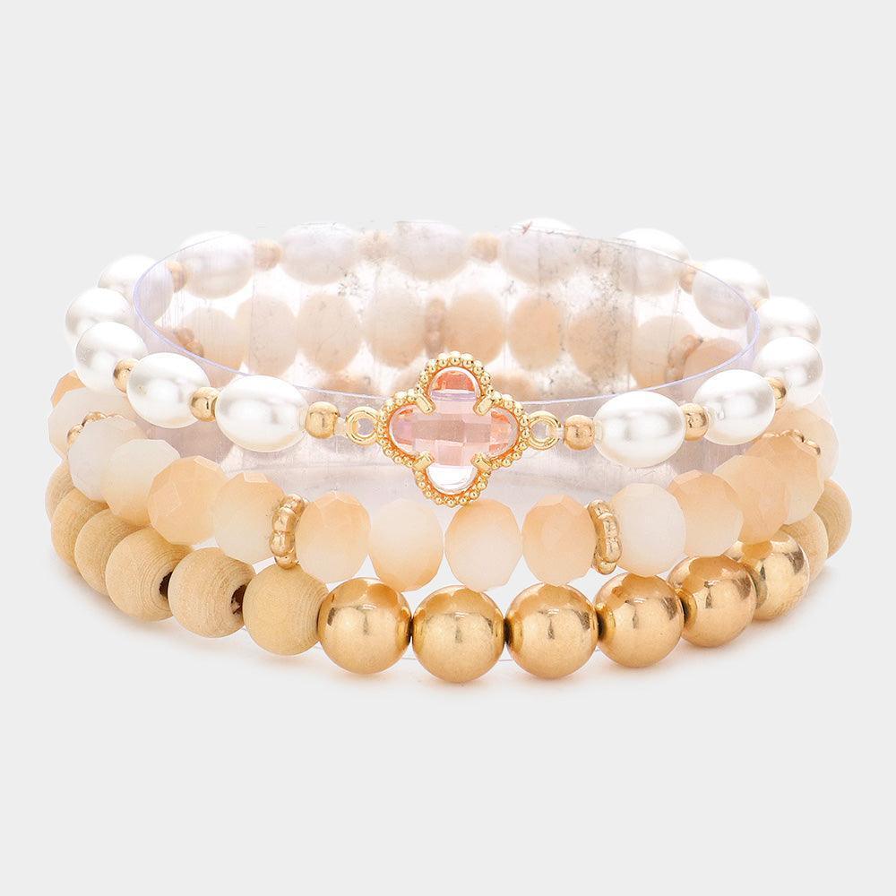 3PCS - Quatrefoil Pointed Pearl Wood Faceted Beaded Stretch Bracelets - Jewelry Store by Erik Rayo